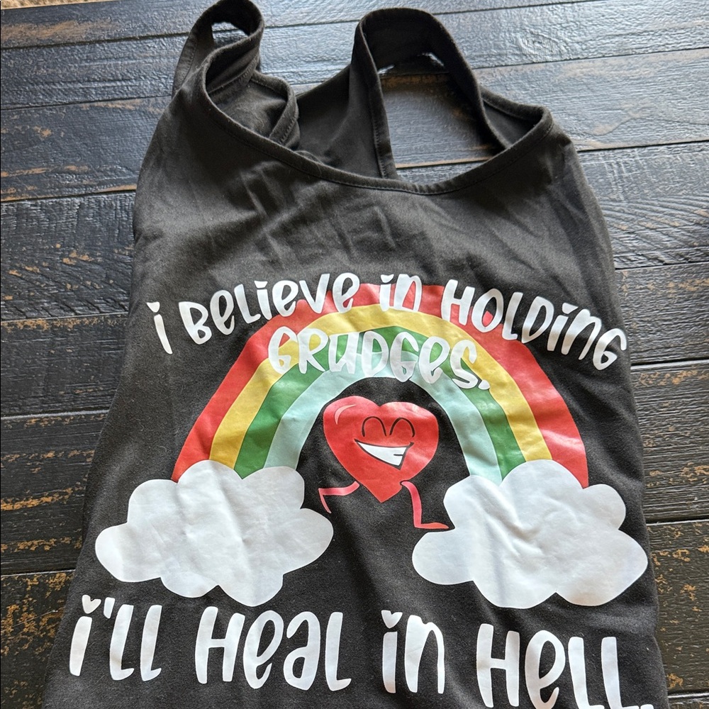 Black Graphic Tank Top with Rainbow Heart Print
